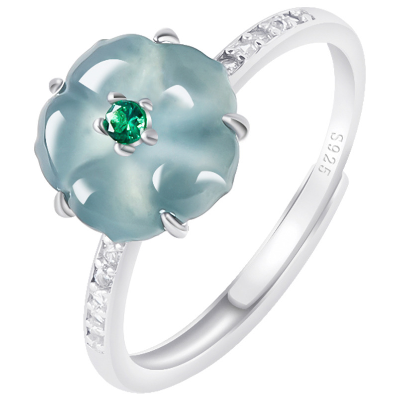 Women'S Accessories - Blauwe Birmese Jadeiet Bloemenringen 925 Zilver